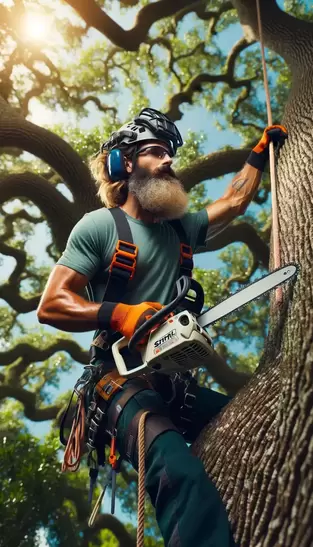 An image of an Arborist climbing a tree with an MS-201 Chainsaw