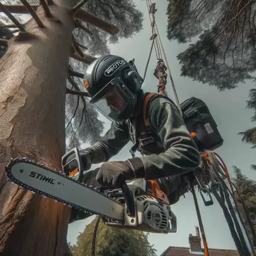 A photo of an arborist climbing and cutting a tree